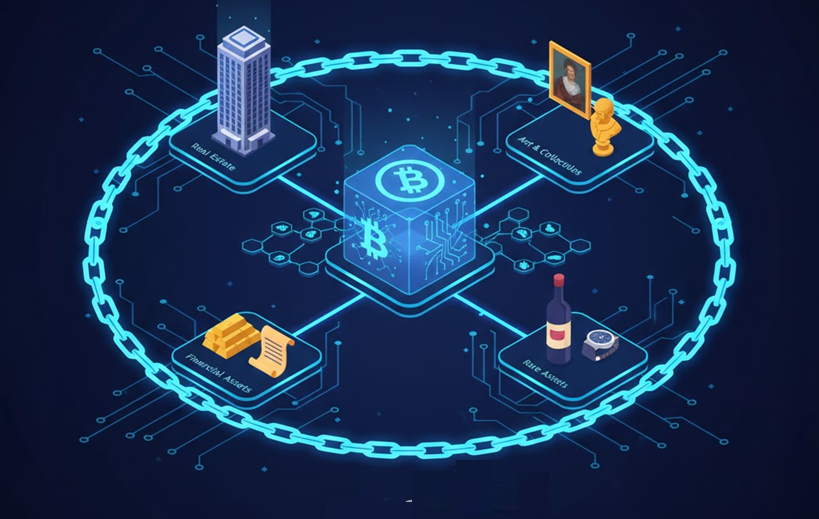 금, 와인, 매출 채권 등 다양한 현실 세계 자산(Real World Assets)이 디지털 자산으로 통합되는 미래형 금융 생태계 묘사