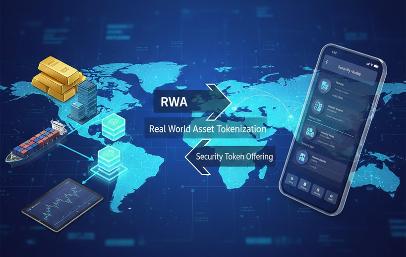 2026년 디지털 금융 혁신을 상징하는 세계 지도 배경 위에 실물 자산 토큰화(RWA)와 토큰 증권 발행(STO)의 흐름을 보여주는 인포그래픽 이미지. 금괴, 건물, 선박 등 실물 자산이 블록체인 네트워크를 통해 디지털 지갑으로 연결되는 과정을 시각화함.