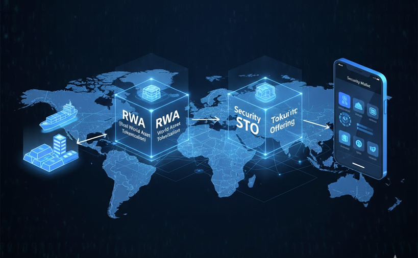 RWA(Real World Asset)와 STO(Security Token Offering)의 개념 비교 썸네일. 세계 지도 위에 블록체인 노드와 실물 자산(금, 선박, 부동산)이 연결된 모습이며, 스마트폰 디지털 지갑 앱으로 자산이 통합되는 금융 인프라의 변화를 묘사함.