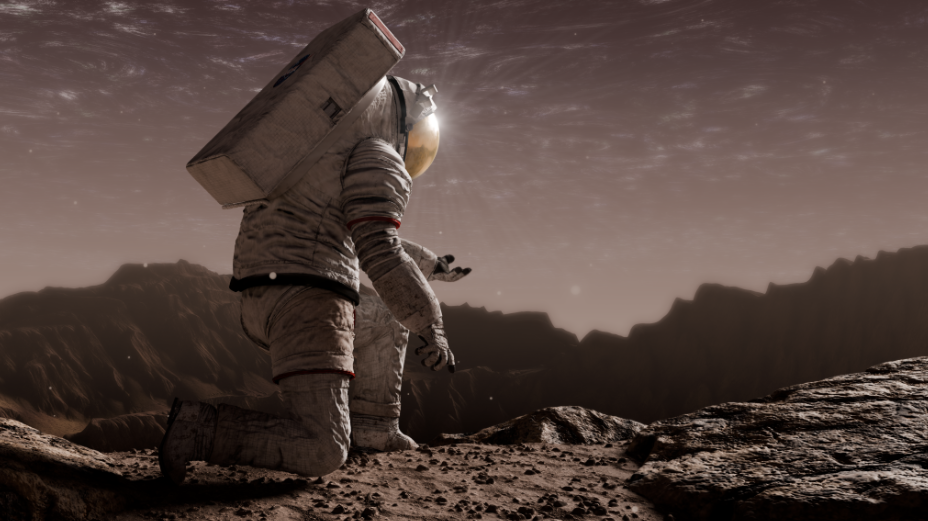 우주복을 입은 우주비행사가 거친 암석과 먼지로 덮인 외계 천체 표면에 무릎을 꿇고 앉아 정면을 응시하거나 탐사 활동을 벌이는 장면의 이미지.