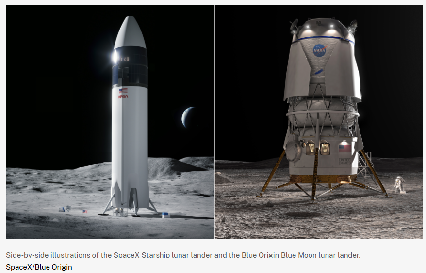 나사의 아르테미스 계획에 선정된 두 가지 달 착륙선 모델인 스페이스X의 스타십 HLS(왼쪽)와 블루 오리진의 블루문 Mark 2(오른쪽)의 크기 및 디자인 비교 일러스트.