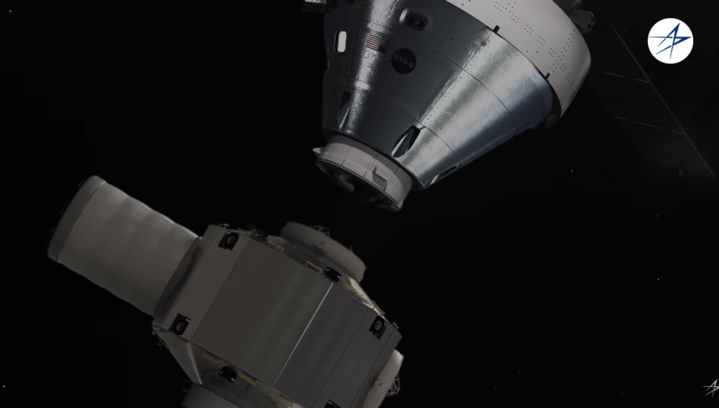 Lockheed Martin 오리온 우주선이 지구 궤도를 넘어 달과 화성으로 향하는 여정 중 도킹하는 장면을 묘사한 그림