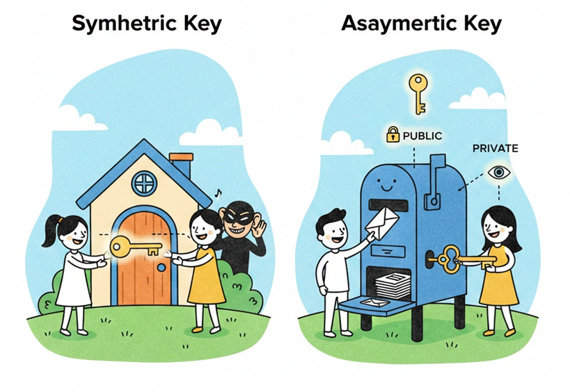 대칭키와 비대칭키 암호화 방식의 차이를 집 현관문과 우체통으로 비유한 일러스트. 왼쪽은 두 사람이 하나의 열쇠를 공유하며 도둑이 엿듣는 대칭키 상황을, 오른쪽은 누구나 편지를 넣을 수 있지만 주인만 열 수 있는 우체통 비유의 비대칭키 상황을 보여줌.