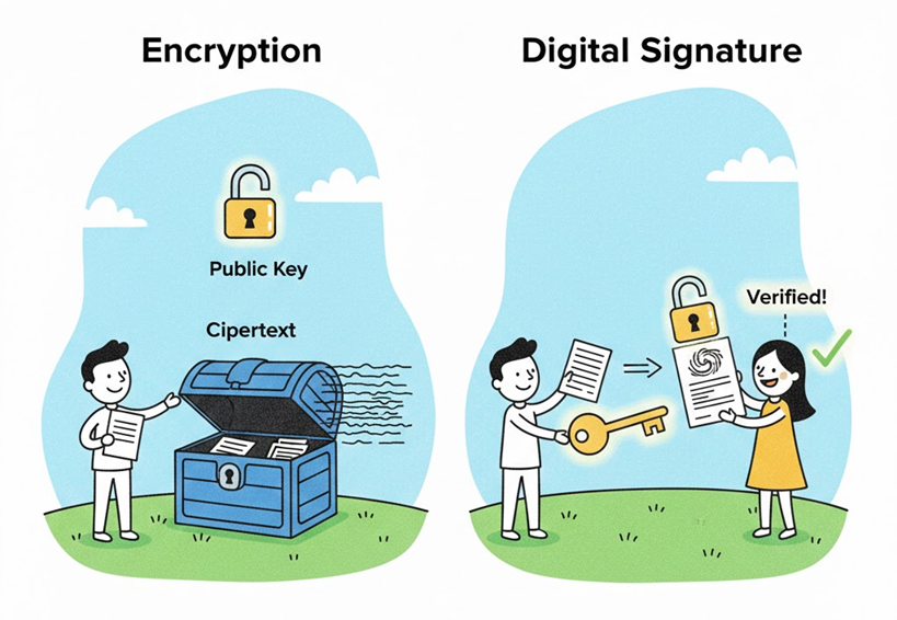 비대칭키 시스템에서 암호화와 전자서명의 메커니즘 차이를 보여주는 일러스트. 왼쪽은 공개키로 상자 속 문서(암호문)를 잠그는 암호화 과정을, 오른쪽은 개인키로 서명된 문서를 공개키로 검증하여 'Verified!' 상태가 되는 전자서명 과정을 시각화함.