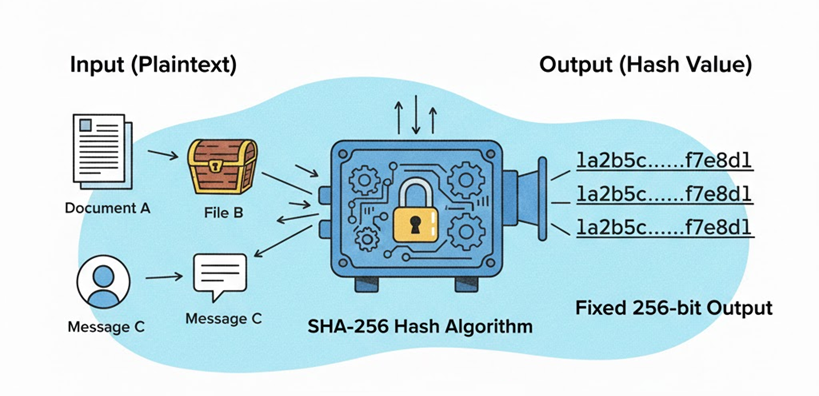 SHA-256 해시 함수의 단방향 메커니즘을 설명하는 개념도. 문서, 메시지 등 다양한 입력값이 금고 모양의 알고리즘을 거쳐 일정한 길이의 256비트 해시값으로 출력되는 과정을 보여줌. 