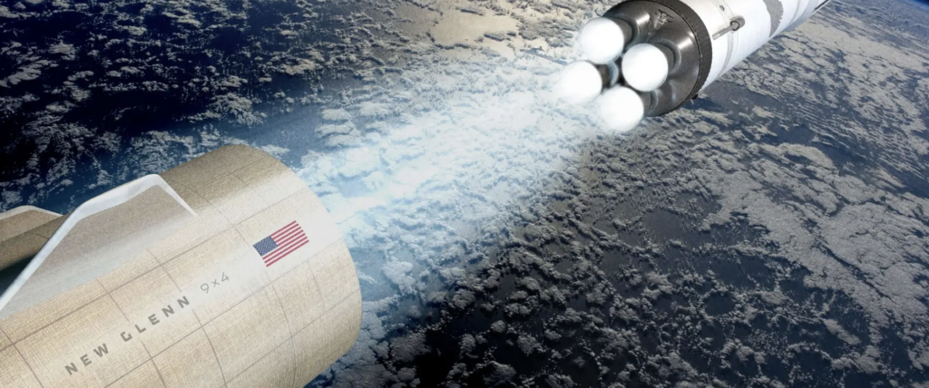 뉴 글렌은 7개의 BE-4 엔진을 통해 약 1,700만 뉴턴의 강력한 추력을 발생시킵니다. 이 사진은 테라웨이브 위성들을 목표 궤도에 올리기 위해 대기권을 돌파하고 있는 실제 비행 장면으로, 블루 오리진의 발사체 기술력을 상징합니다.