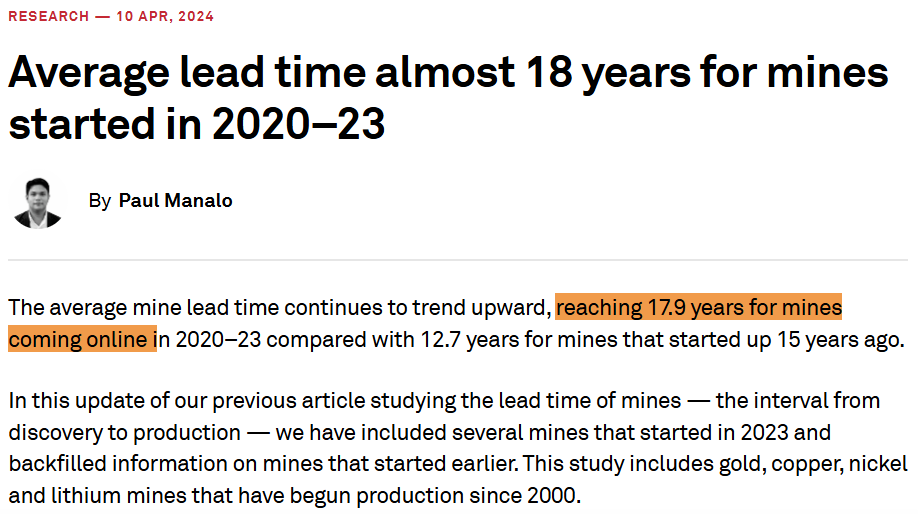 S&P Global Energy의 최신 리포트 화면 캡처. 구리 광산 발견부터 실제 생산까지 평균 17.9년이 소요된다