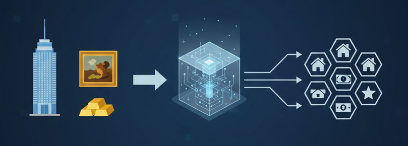 부동산, 미술품, 국채 등 실물 자산이 블록체인 기술을 통해 디지털 토큰으로 변환되는 RWA 토큰화의 핵심 개념도