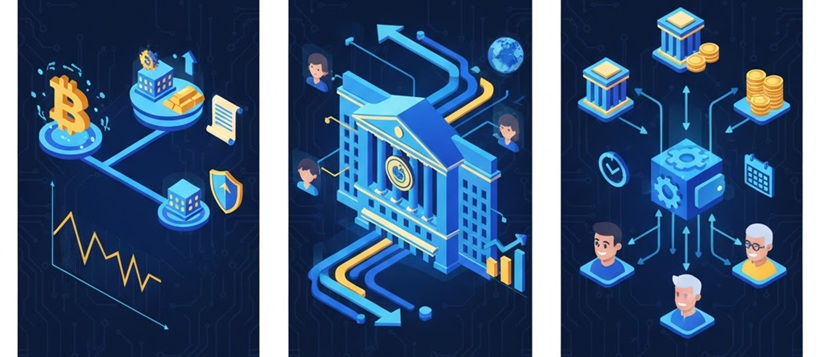 개인 투자자가 고가의 빌딩이나 자산을 소액 조각 투자로 소유하고 수익을 배당받는 과정을 시각화한 RWA 인포그래픽