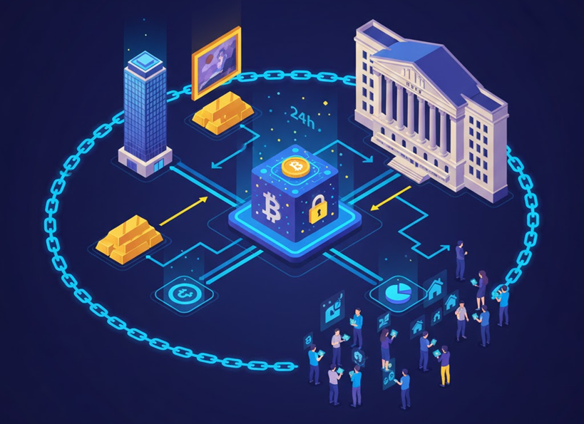 뉴욕증권거래소(NYSE)와 같은 제도권 금융 인프라와 연결된 안전한 실물 자산(RWA) 기반 토큰 거래 시스템 이미지