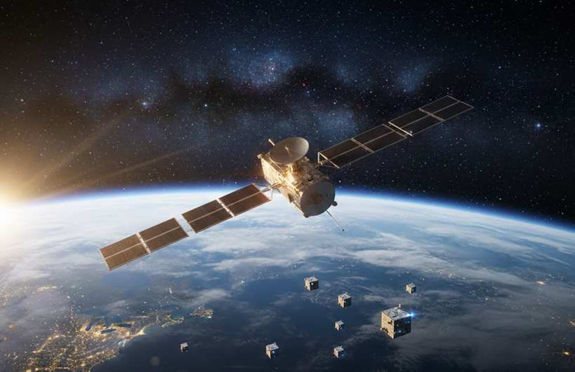 지구 궤도를 돌고 있는 현대적인 통신 위성과 그 주변을 비행하는 여러 개의 큐브 위성(CubeSat)들의 모습. 배경에는 푸른 지구의 수평선, 밝게 빛나는 태양, 그리고 수많은 별이 수놓아진 은하수가 상세하게 묘사됨.